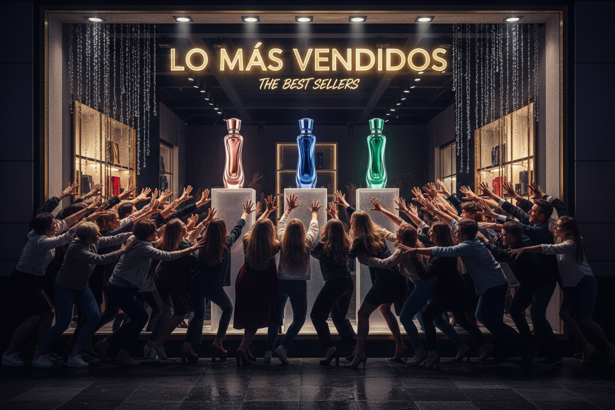SE OBSERVA UN MONTON DE PERSONAS COMPITIENDO EN UNA VITRINA POR 3 PERFUMES, TODOS LOS QUIEREN COMPRAR Y LA IMAGEN TIENE UN TEXTO QUE DICE: LO MAS VENDIDOS